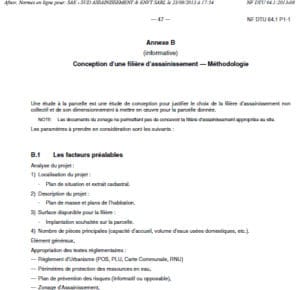 annexe B du DTU nommée « Conception d’une filière d’assainissement — Méthodologie »,